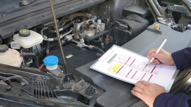 A mechanic holding a pen and writing on a vehicle inspection form checklist on a clipboard, with an open car engine compartment in the background. Close-up with selective focus.