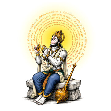 AI Generated Illustration of Lord Hanuman sitting in rock & prayed on shri rama with musical instrument, surrounded by a halo, celebrating Hanuman Jayanti festival, a significant Hindu religious event