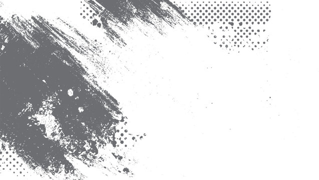 Abstract grey paint brush strokes and halftone dots on white background texture