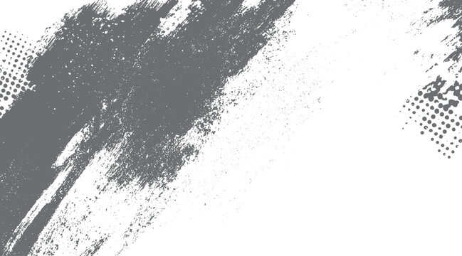 Grey textured brush strokes and halftone dots on white background abstract