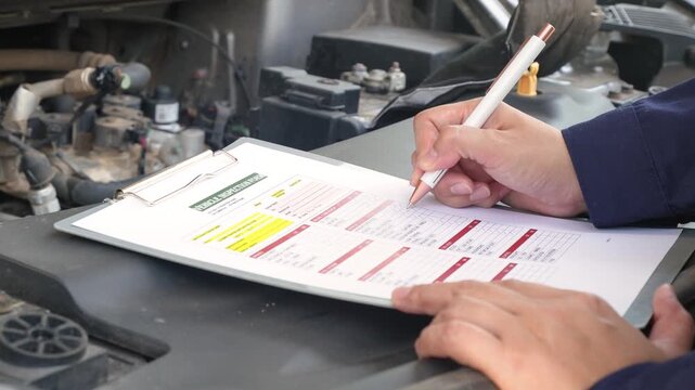 A mechanic holding a pen and writing on a vehicle inspection form checklist on a clipboard, with an open car engine compartment in the background. Close-up with selective focus.