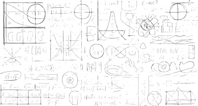 Hand drawn scientific formulas equations graphs and geometric shapes on a white background science math