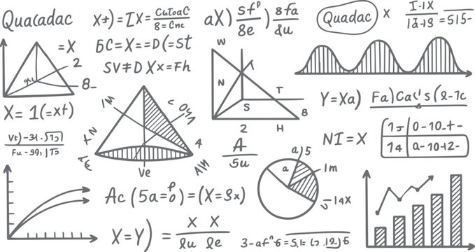 Hand drawn mathematical equations geometric shapes graphs and charts on white background mathematics