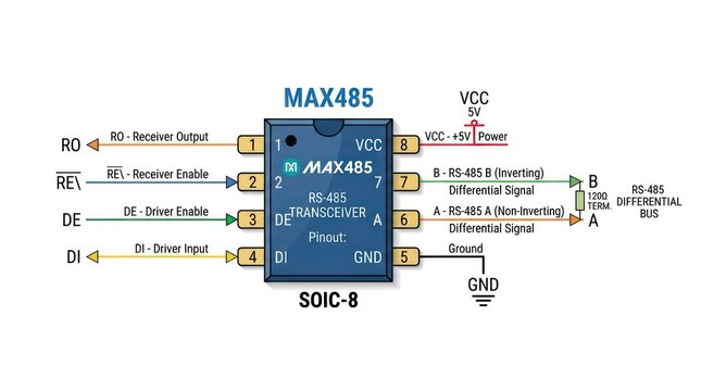 Max485 rs485 transceiver pinout diagram showing connections and vcc power for electronics.