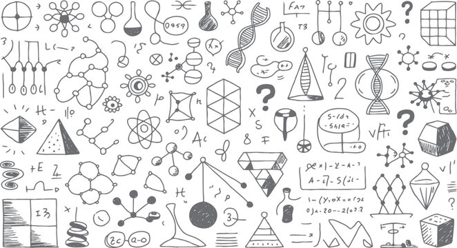 Hand drawn science and math doodles including d n a molecules atoms and geometric shapes