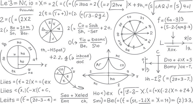 Hand drawn mathematical equations diagrams and symbols on white background with grey ink mathematics