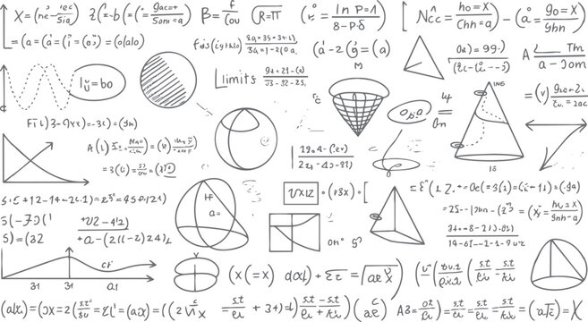 Hand drawn mathematical equations formulas and geometric shapes on a white background mathematics geometry