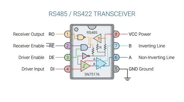 Rs485 and rs422 transceiver schematic diagram showing internal gate logic pin functions.