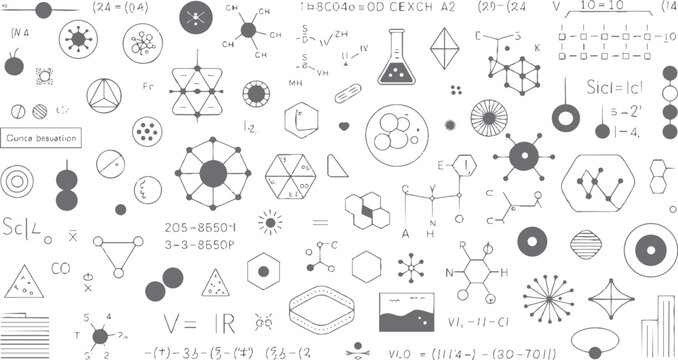 Collection of hand drawn scientific diagrams chemical formulas and geometric shapes in grey science chemistry