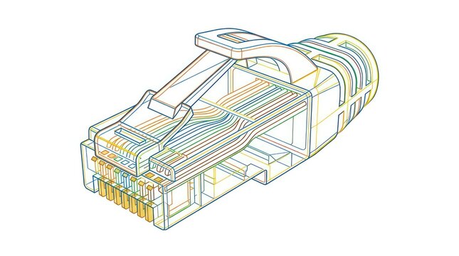 Line art diagram of rj45 ethernet connector with colored wiring for computer networking.