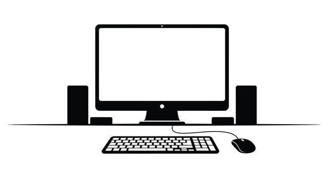 Computer setup with monitor keyboard and mouse black silhouette desktop screen