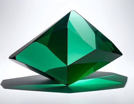 A sharp faceted green emerald crystal pyramid displaying brilliant gem cuts on a clean white backdrop