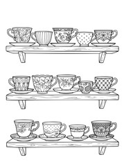 Fototapeta premium Vintage Teacup Collection on Wooden Shelves Coloring Page for Adults