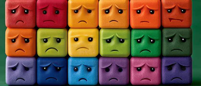 Colorful Sad Faces: A grid of 15 colorful blocks, each displaying a unique sad face, arranged in three rows against a green background, visually representing a spectrum of unhappiness and melancholy.