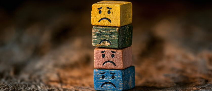 Sad Faces Stacked: A stark image of four wooden blocks, each with a sad face emoji, stacked vertically. The blocks, in yellow, green, pink, and blue, are set against a blurred, earthy background.