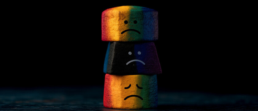 Sadness Stack: A dark, moody still life captures three stacked objects, two adorned with rainbow colors and one black, each bearing a frowning face, symbolizing a somber mood and potential despair.