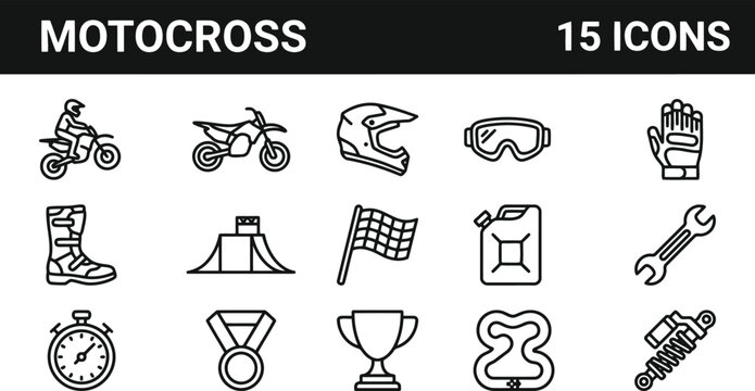 Motocross Icons Set: Motorcycle, Helmet, Goggles, Boots, Trophy, Stopwatch