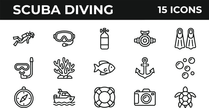 Scuba Diving Icons Set: Underwater Adventure and Marine Life