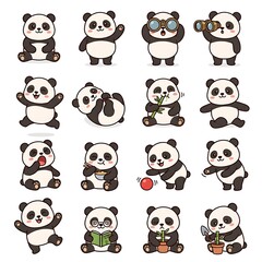 Naklejka premium sixteen cute cartoon panda bear illustrations showing various activities arranged in a grid layout