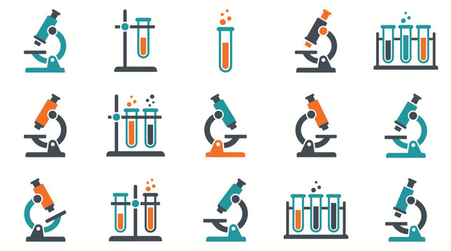 Collection of microscopes and test tubes in various scientific settings.