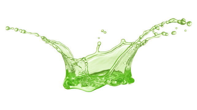 A single crown splash of bright green liquid, frozen in time against a black background, showcasing fluid dynamics and small flying droplets