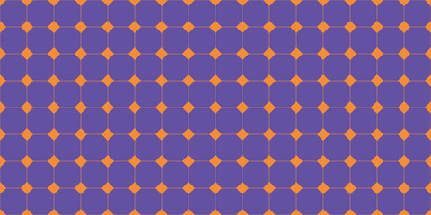 Fototapeta premium Seamless geometric pattern with rounded octagon shapes and orange diamond connections forming playful modern background for fabric wallpaper packaging stationery and creative surface design