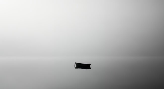 Small boat floating on a calm, misty lake in black and white.
