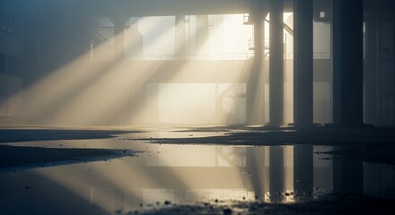 Fototapeta premium Sunlight streaming through a window into a dusty, abandoned room with water on the floor.