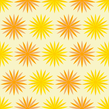 Floral seamless pattern retro radiant sunburst flowers in yellow, orange, peach on a soft cream background. Modern geometric repeat featuring bold symmetry, minimalist style,  vibrant design, vector