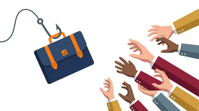 Diverse business hands reaching out to catch a briefcase on a fishing hook over white background, symbolizing fierce job market competition, representing career opportunity lure