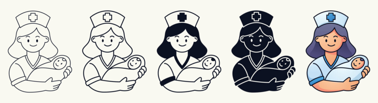 Nurse Holding Baby Color and Outline Illustration Set