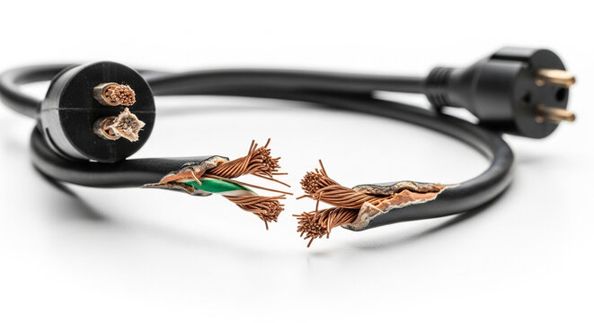 Damaged black electrical cord with exposed wires and torn insulation on a white background