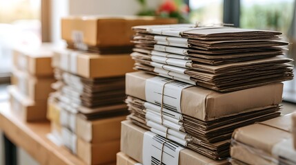 Fototapeta premium Stacks of brown paper wrapped packages tied with twine and labeled for shipping sit neatly on wooden shelves near a window