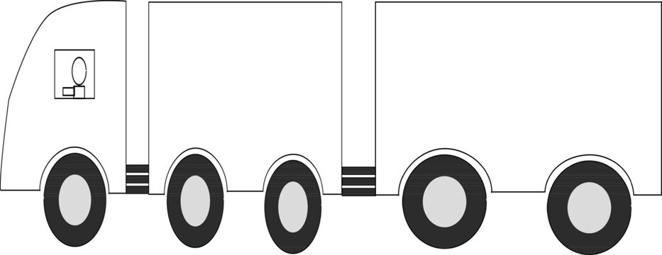 Minimalist semi truck vector illustration. Cargo trailer truck outline icon. Coloring page for kids. Black and white delivery vehicle clip art.