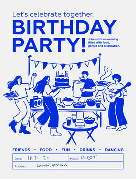 Birthday Party Poster Template with Hand Drawn Doodle Illustration. Cute Invitation Flyer with Cake, Guitarist, Barbecue and Friends Celebrating. Vector Invitation Layout on Light Background