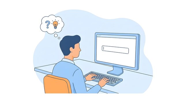 Man Sitting at Desk with Computer and Thinking about Idea in Modern Office Setting with Blue Background