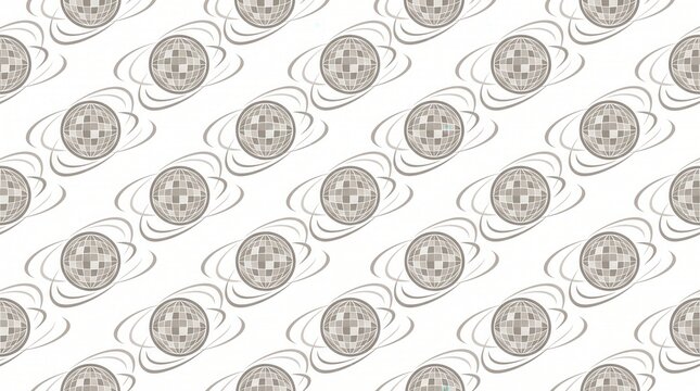 Diagonal grey patterned spheres with orbital rings repeat on white