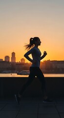 Fototapeta premium Silhouette of person running at sunset over water.