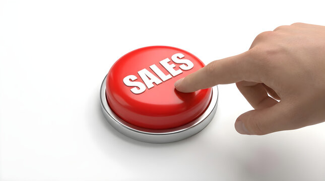 Finger pressing a red button labeled with the word sales business marketing promotion commercial