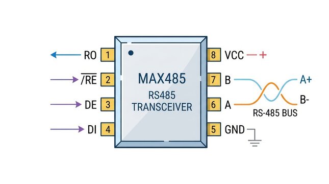 Max485 rs485 transceiver pinout diagram with bus signal labels for electronic modules.