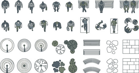 Top View Architectural Scale Vector Set with People Trees and Park Benches for Landscape Site Plan Renderings.eps © mdferozhossain