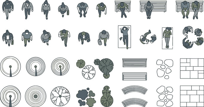 Top View Architectural Scale Vector Set with People Trees and Park Benches for Landscape Site Plan Renderings.eps