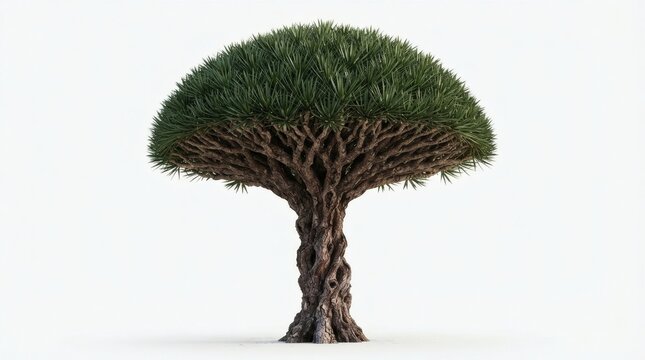 Striking Dracaena Draco tree, also known as the Dragon Tree, showcasing its unique umbrella-shaped canopy and gnarled trunk against a clean white background