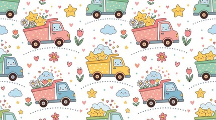 Fototapeta premium Cute dump trucks carry stars, clouds, flowers, and hearts in a sweet seamless pattern