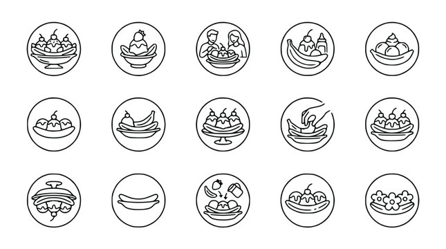 Banana Split Ice Cream Sundae Icons Set - Outline Dessert Collection