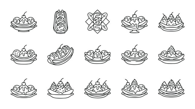 Dessert Icons: Banana Splits and Hot Dogs - Line Art Collection
