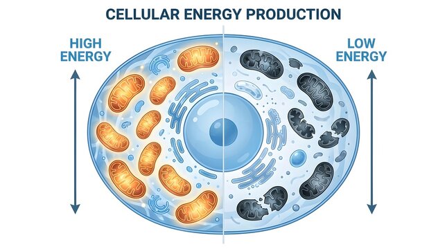 Cellular Energy Production Illustration with Mitochondria and Low High Energy Levels in Eukaryotic Cell