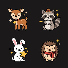 Fototapeta premium Cute pixel art forest animals set including a deer, racoon, rabbit, and hedgehog with sparkling stars, adorable design for children's projects
