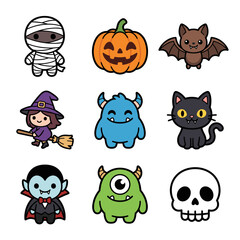 Fototapeta premium Cute pixel art Halloween characters set featuring mummy, pumpkin, bat, witch, monster, black cat, vampire, cyclops, and skull for seasonal design
