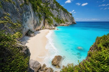 Fototapeta premium Pristine tropical beach with turquoise ocean waves crashing on white sand, framed by dramatic limestone cliffs and lush green vegetation under clear blue sky, idyllic summer travel destination.